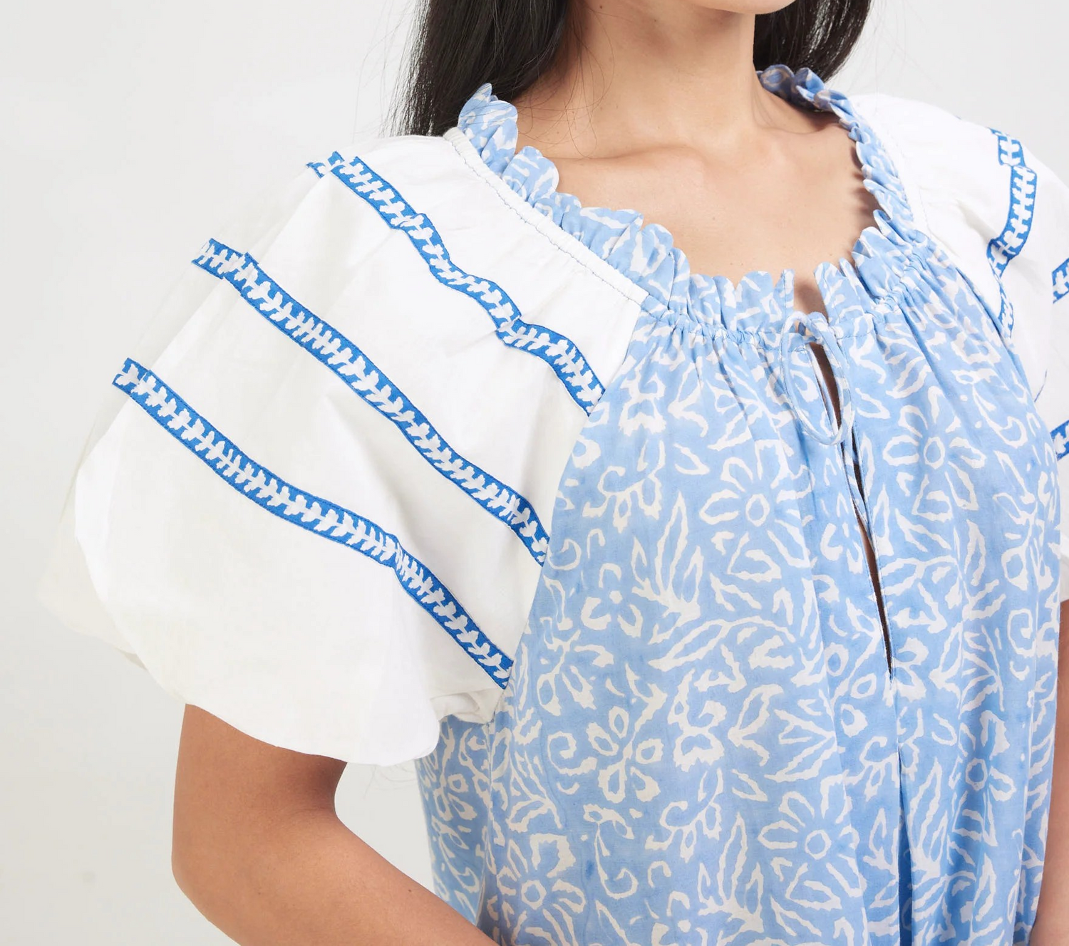 Blue and white cotton block printed nighties are breathable and cool with frilly strap detail, pleats and ties under the bust making it easy for any size. Length is midi with wide border detail below the knee.