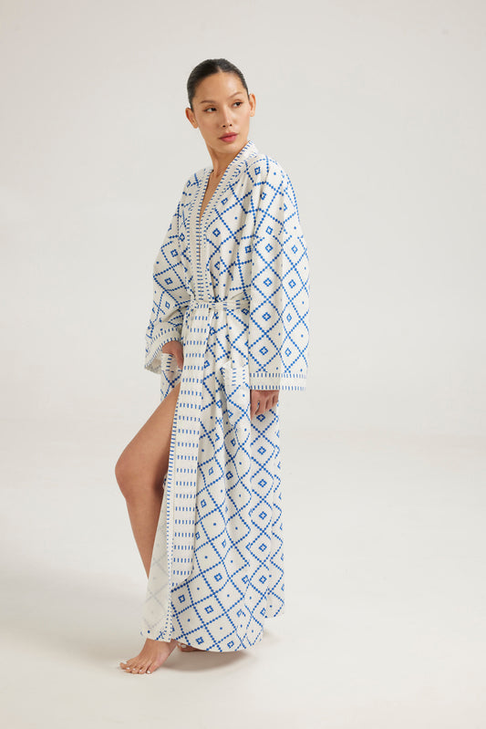Ivory & blue long line kimono- Coming soon - Retreat Myself