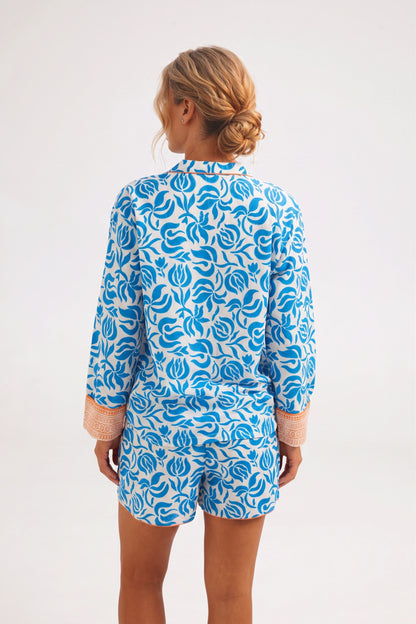 "Amsterdam" Cobalt blue block printed short cotton pyjama - Retreat Myself